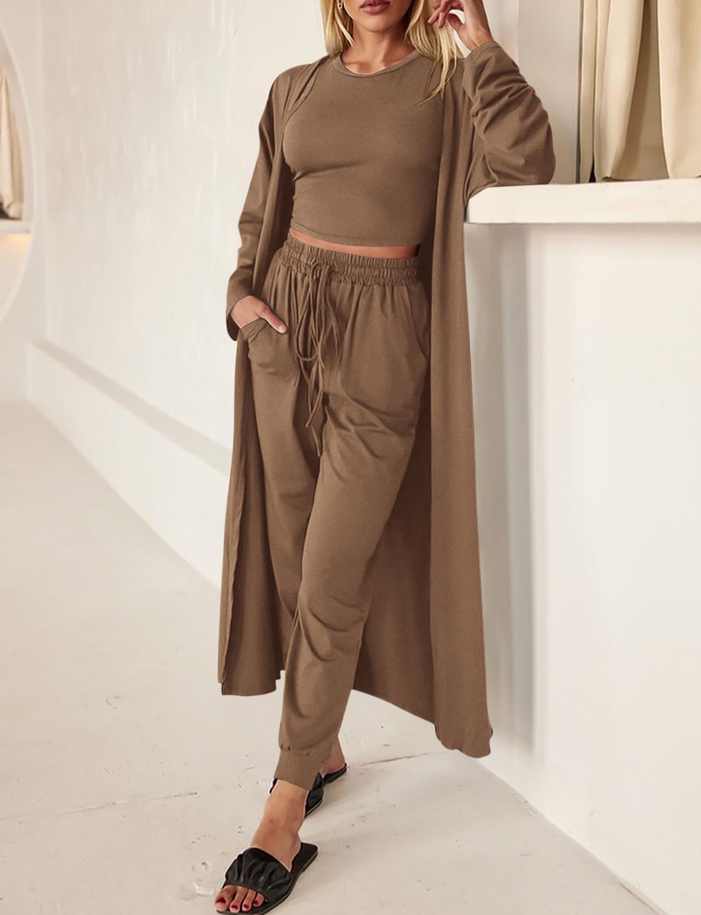 KIRUNDO 3 Piece Lounge Sets for Women Airport Travel Vacation Outfits 2026 Fall Cardigan Matching Sleeveless Top Jogger Pants(Khaki, Medium)