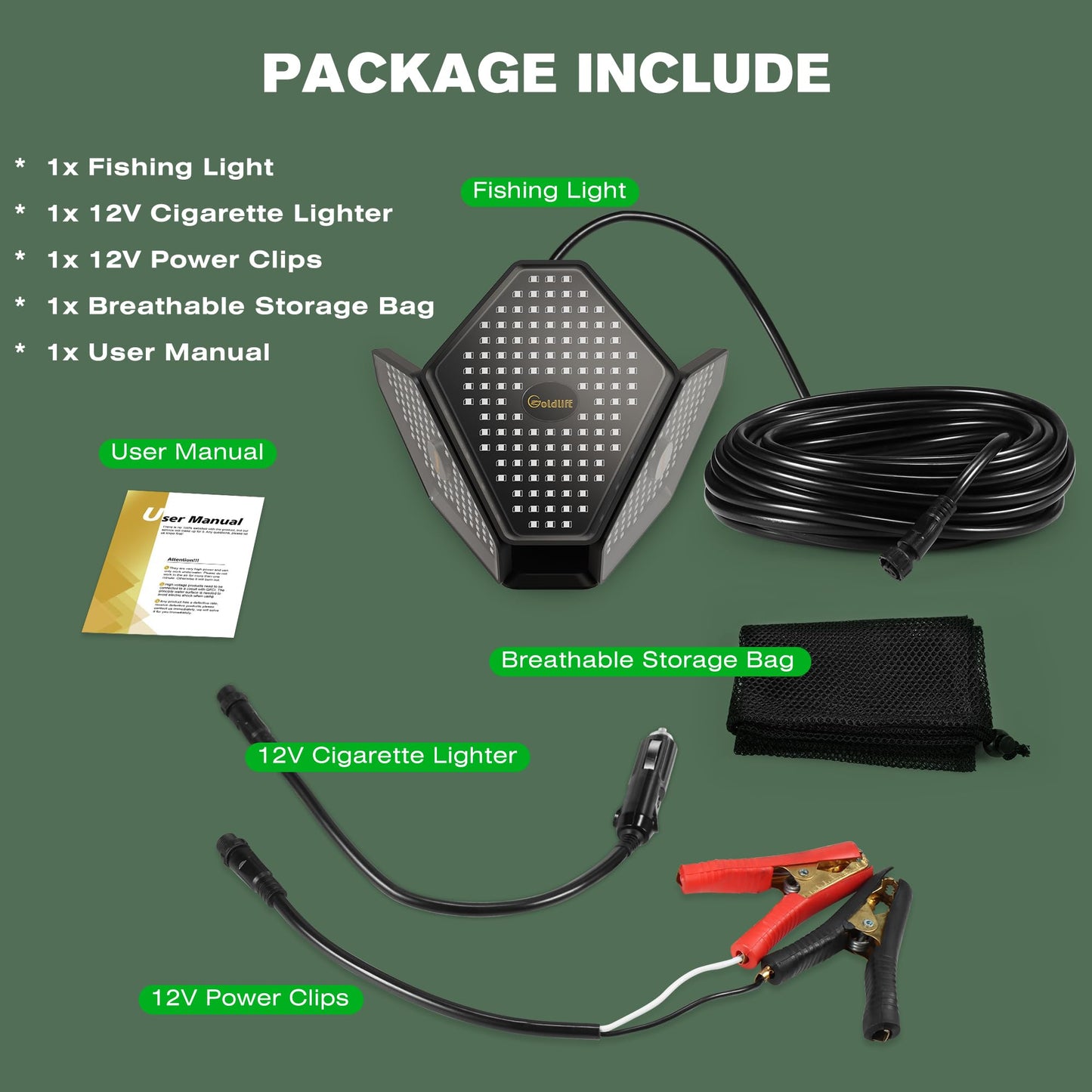 Goldlife 12V Underwater Fishing Light with 50ft Cable, 400W 40000LM Foldable Brightness Green LED Submersible Light Attractants for Docks/Boats/Kayaks, IP69K Rated for Fresh & Salt Water