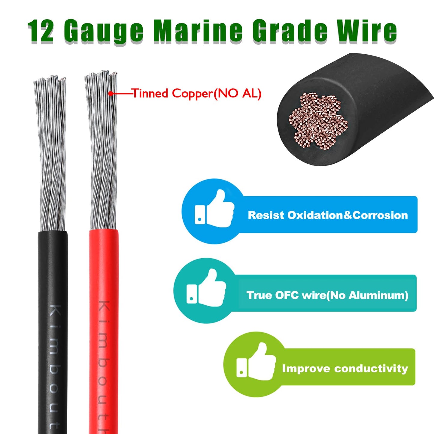 12 Gauge Marine Wire Tinned Copper Boat Cable, Standard USA OFC Oxygen Free Copper Wire for Automotive Boat Speakers Solar Outdoors (12 Gauge 10FT Red+10FT Black)