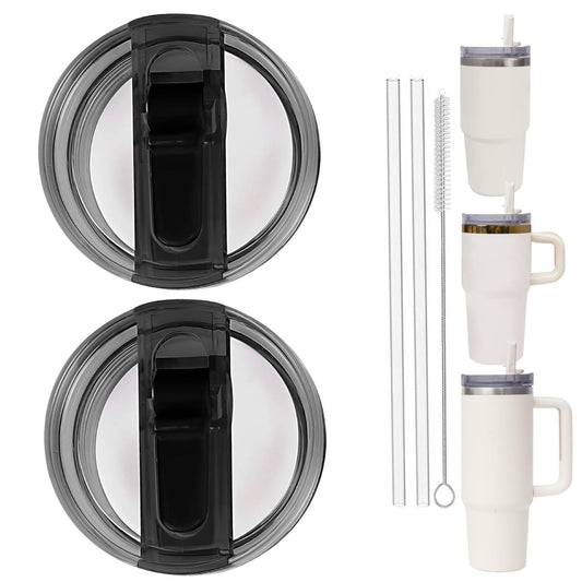 2PC Replacement Leak Proof Tumbler FLIP Lid With Straw - Fit For Stanley ProTour Quencher and Quencher H2.0 20oz,30oz Tumbler (2BLACK, 20oz and 30oz)