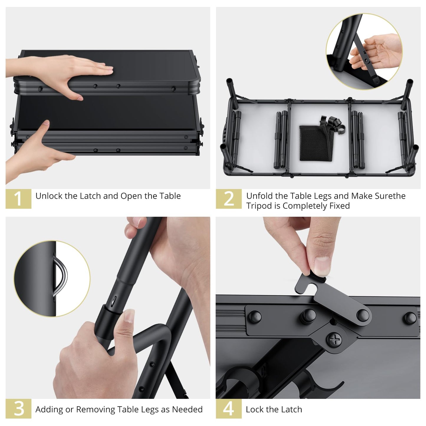 Anbte Folding Camping Table with Storage Net, 3ft Camping Table Aluminum Folding Table with 3 Adjustable Height Max 27.5 Inch Picnic Table Portable Table for Outdoor Backyard BBQ, Pure Black