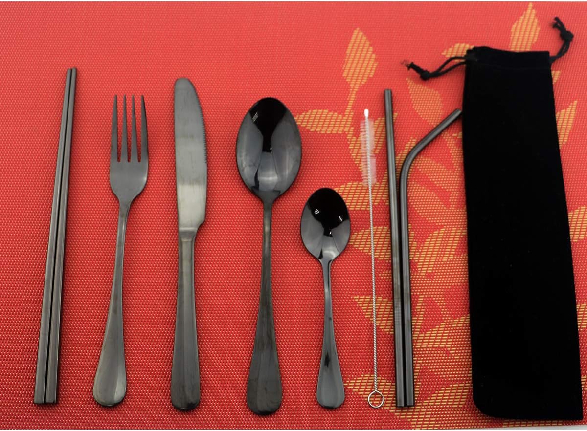 8 Pieces Stainless Steel Mirror Poblished Flatware Set Reusable Cutlery Set Travel Utensils Set with Straws for Camping Office or School Lunch,Dishwasher Safe (Rose Gold)