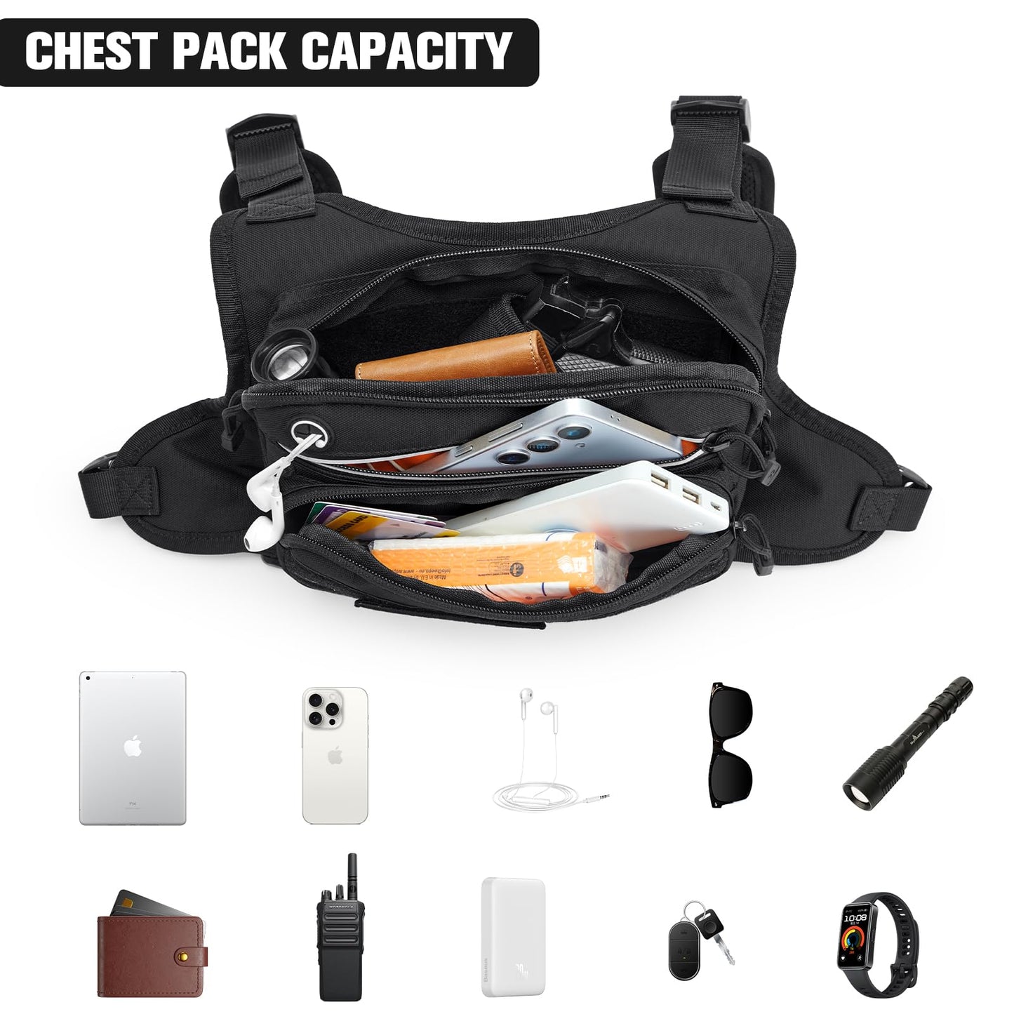 G4Free Tactical Chest Bag for Men, Quick Access Chest Rig Vest, EDC Chest Pack for Running, Hiking, Cycling (Black)