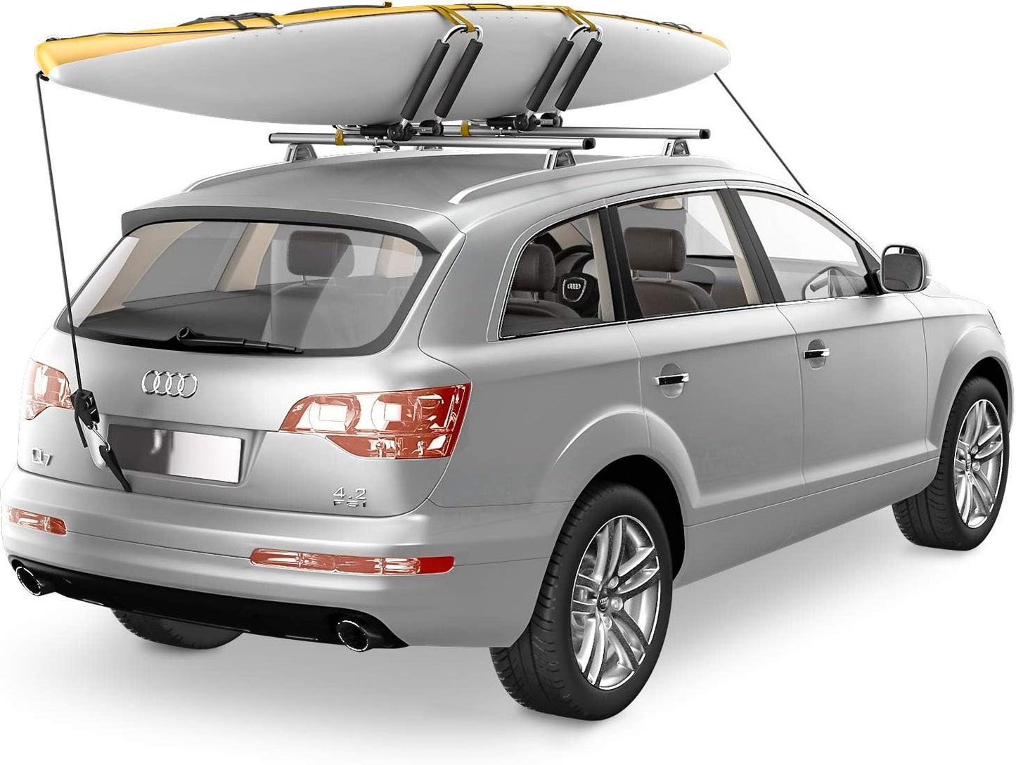 AA-Racks J-Bar Rack Roof Top Mount with 16 Ft Ratchet Lashing Straps, Folding Carrier for Your Canoe, SUP and Kayaks on SUV Car Truck