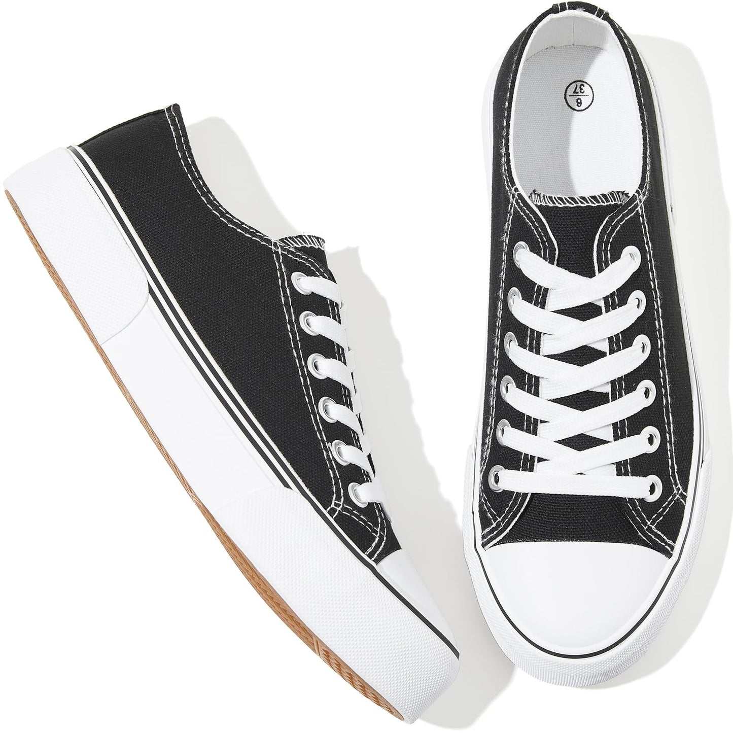 Adokoo Canvas Tennis Shoes for Women Low Top Casual White Black Sneakers for Women Lace Up Fashion Comfortable Walking Shoes (Black,8)