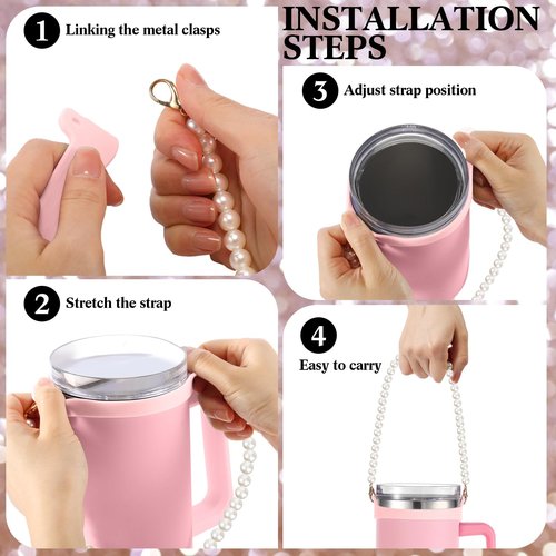 SiliFine 2 Pcs Silicone Water Bottle Handle Holder with Pearl Strap Compatible with Stanley Cup Accessories Sling Water Bottle Carrier Holde Fits Most 8-40 oz Tumbler Gift for Woman(White,Pink)