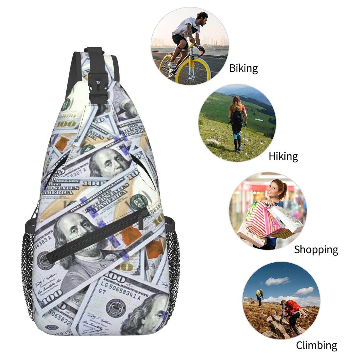 FHSUISN Us Bill Dollars Money Sling Backpack Chest Bag Crossbody Shoulder Bag Gym Cycling Travel Hiking Daypack For Men Women