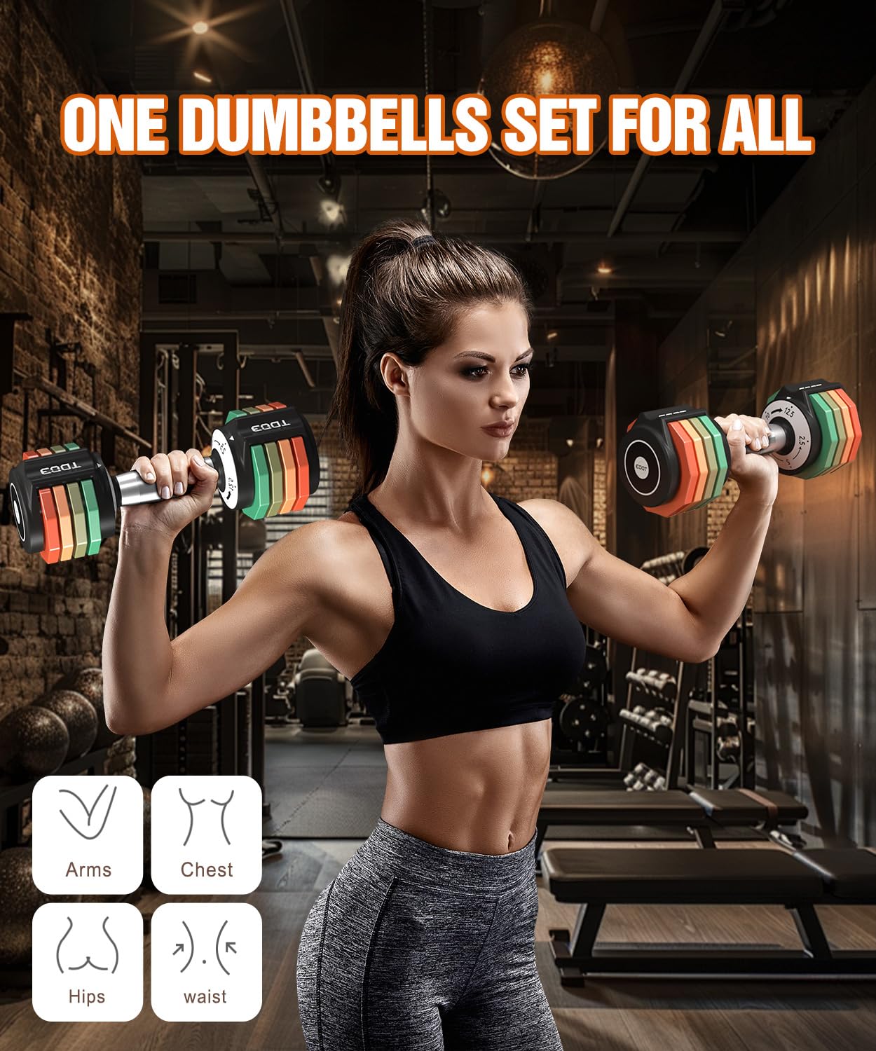 Adjustable Dumbbell Set, EOAT 2.5 to 12.5 lbs Free Weights Dumbbells Pair with Tray for New Beginner, Exercise & Fitness Dumbbells with Anti-Slip Handle & Rainbow-colored Weight Plates