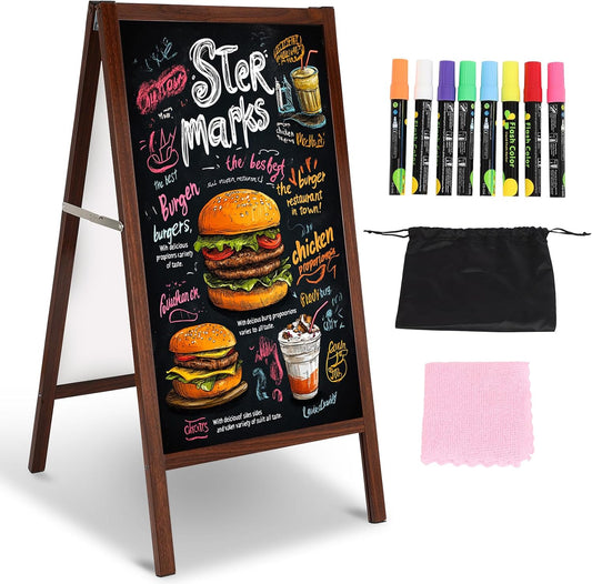 A Frame Sign Chalk Board, Aluminum Alloy Wood Grain Chalkboard, Double Sided Magnetic Blackboard with Liquid Chalk Markers, Suitable for Pubs/Restaurants/Coffee Shops/Birthdays/Parties/Wedding
