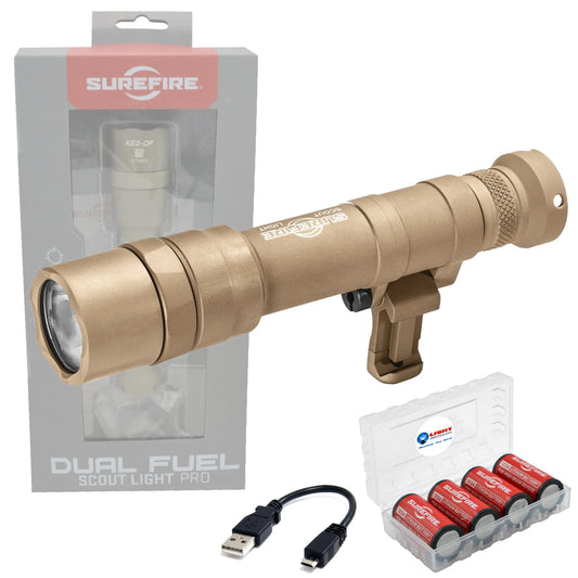 Sure Fire Dual Fuel Scoutlight Pro Tactical Light 1500 Lumen LED M640DF Tan Bundle with 4 Extra 123A Batteries and a Lightjunction Battery Box