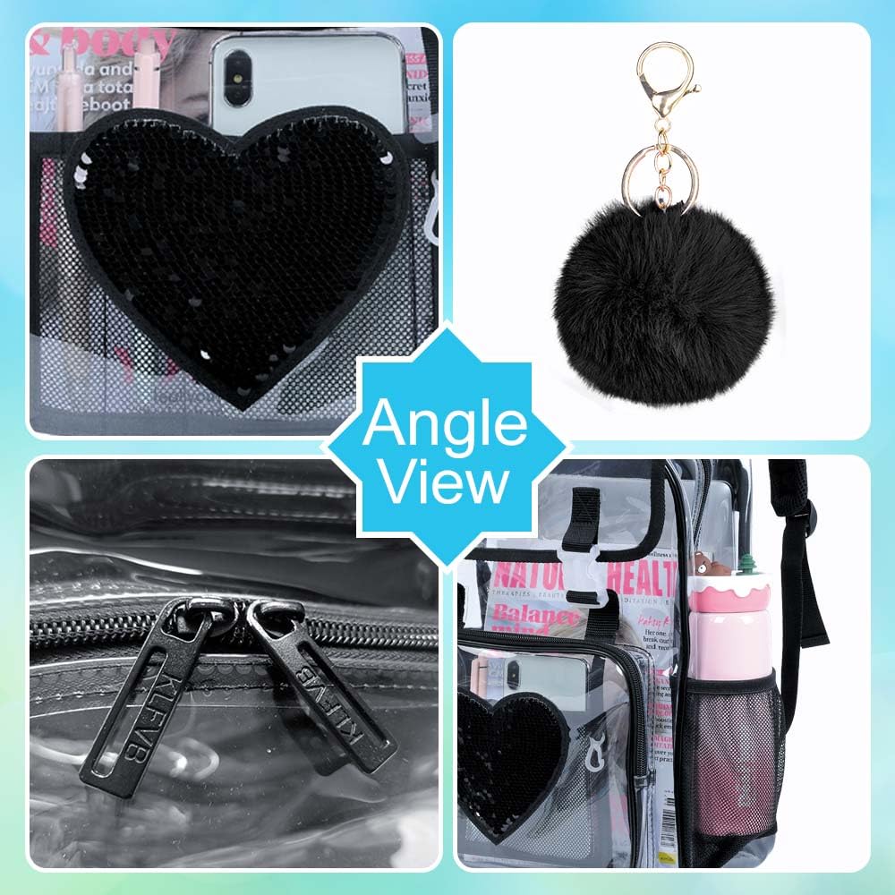 FTJCF 3PSC Clear Backpack, Heavy Duty Transparent Bookbag for Girls Women, Stadium Approved See Through Backpack Set (Black Sequins)