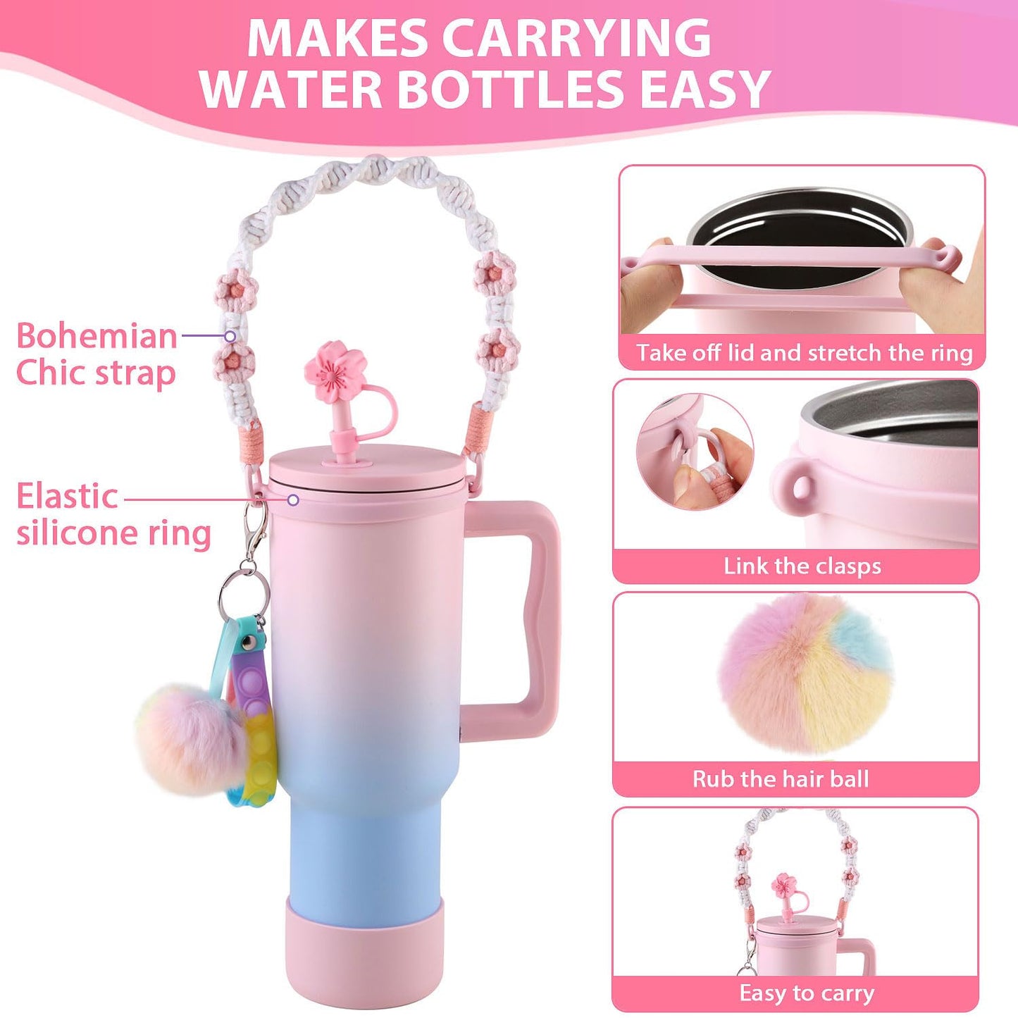 6-Pieces Stanley Cup Accessories Set, Water Bottle Handle Strap,Siliocne Stanley Cup Boot,Siliocne Straw Cover, Silicon Pressure reducing Accessories for Stanley Cup 40 30 oz Tumbler (Pink)