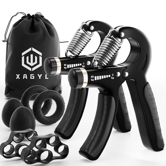 Hand Grip Strengthener Workout Kit Kit (8-Piece), 2 Adjustable Resistance Forearm Grippers, 2 Finger Stretchers, 2 Grip Rings and 2 Stress Relief Grip Balls for Muscle Building and Injury Recovery