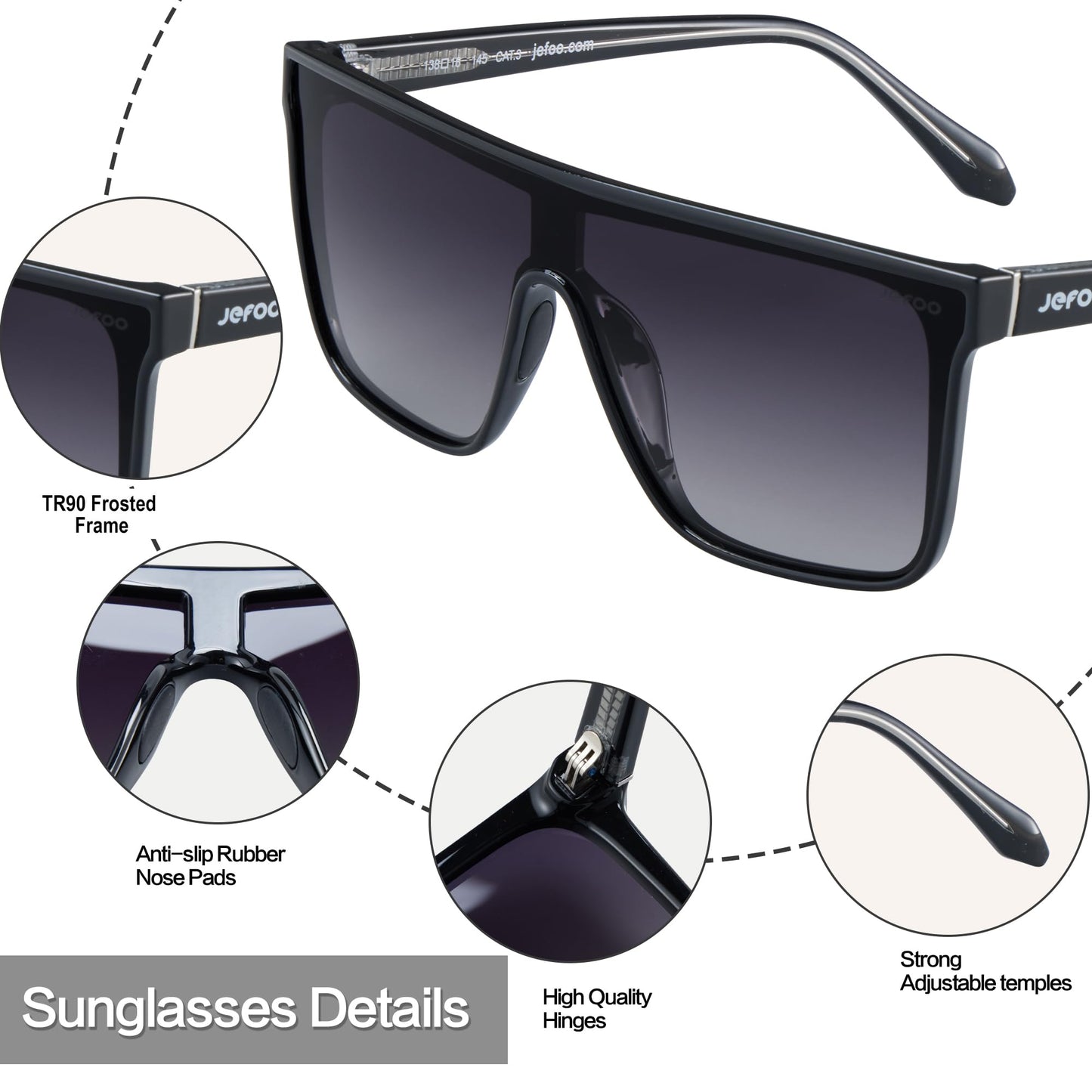 Jefoo Polarized Square Sunglasses for Women Men Oversized Fashion Siamese Lens Style Flat Top Shield Shades UV Protection