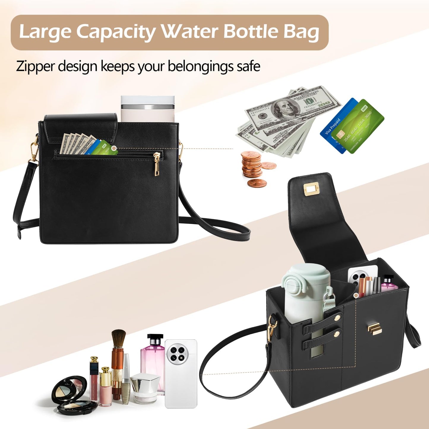 FACULX Outdoor Portable Crossbody Water Cup Storage Bag, Adjustable Crossbody Cup Holder Bag with Coin Purse and 2Pcs Replaceable Bag strap for Travel Daily Use (Black)
