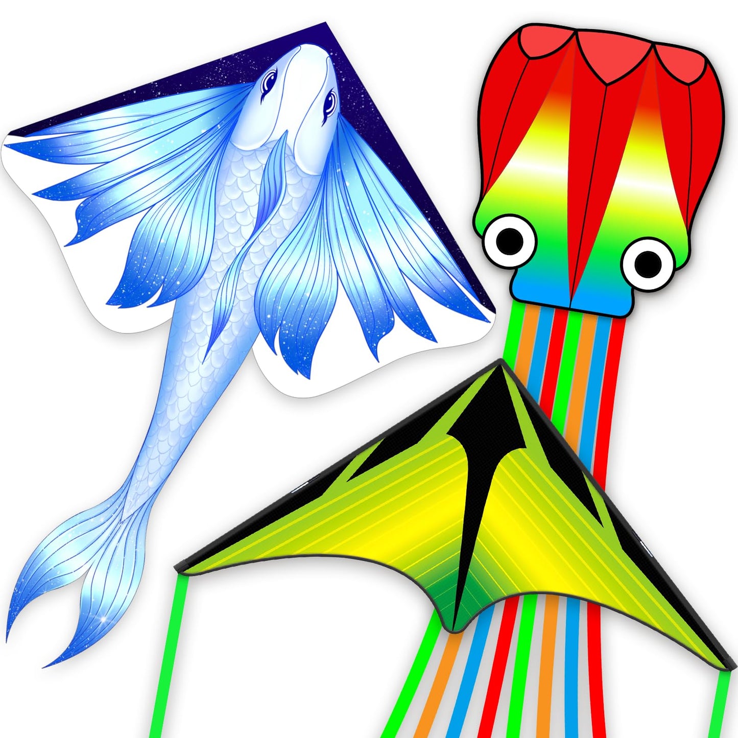 Kites for Adults & Kids Ages 4-8,Beach Kites Easy to Fly for Beginner, with Handle and 328ft Kite String，Best Toy and Gift for Boys & Girls. (Flying Fish+Grassland+Octopus, 3)