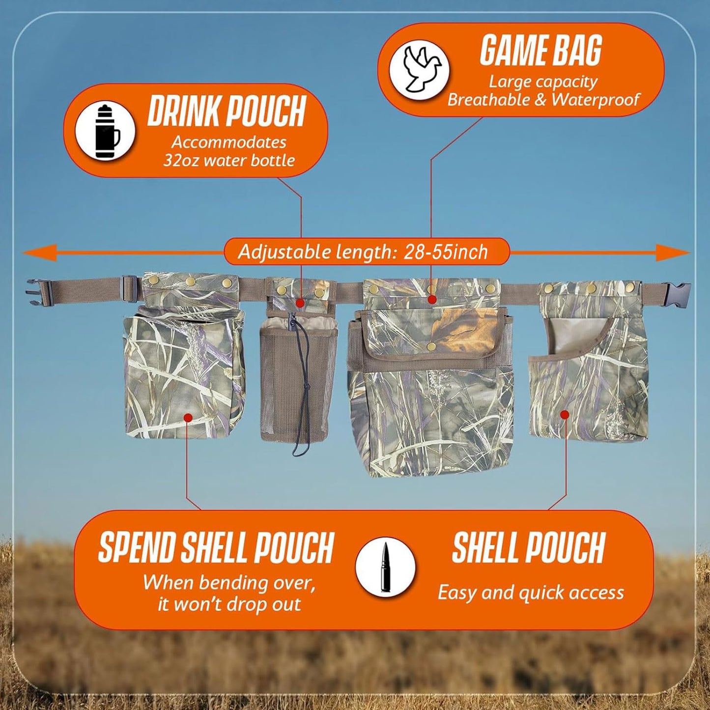 IC ICLOVER Dove Hunting Belt - Adjustable Field and Game Belt, 4in1 with Bird Game Bag, 2 Shell Pocket, Water Bottle Carrier, Lightweight Waterproof Sporting Clays Upland Game Dove Hunting Gear