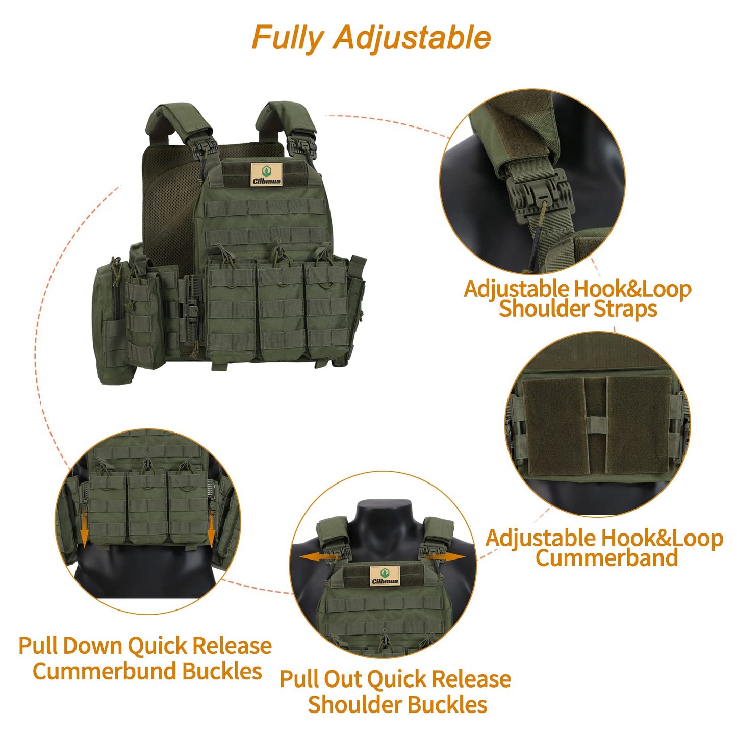 Cilbmua Tactical Vest Quick Release for Men Outdoor Molle Airsoft Vests Adjustable Breathable Weighted Gear for CS/Training (Green)