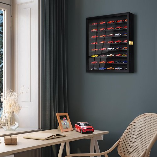 TJ.MOREE Model Car Display Case 1/64 Scale Diecast Wall-Mounted for Mini Toys and Small Wheels, Black