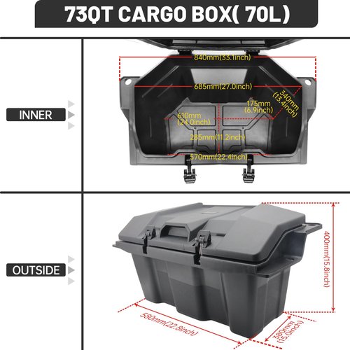 CUSAUTV 73QT Rear Cargo Box Storage Box Compatible with Polaris RZR PRO XP/Turbo R 2020-2023 Accessories, UTV Forward Cargo Storage Bin Water Resistant Tool Bed Box with Lid Repalce #2883751