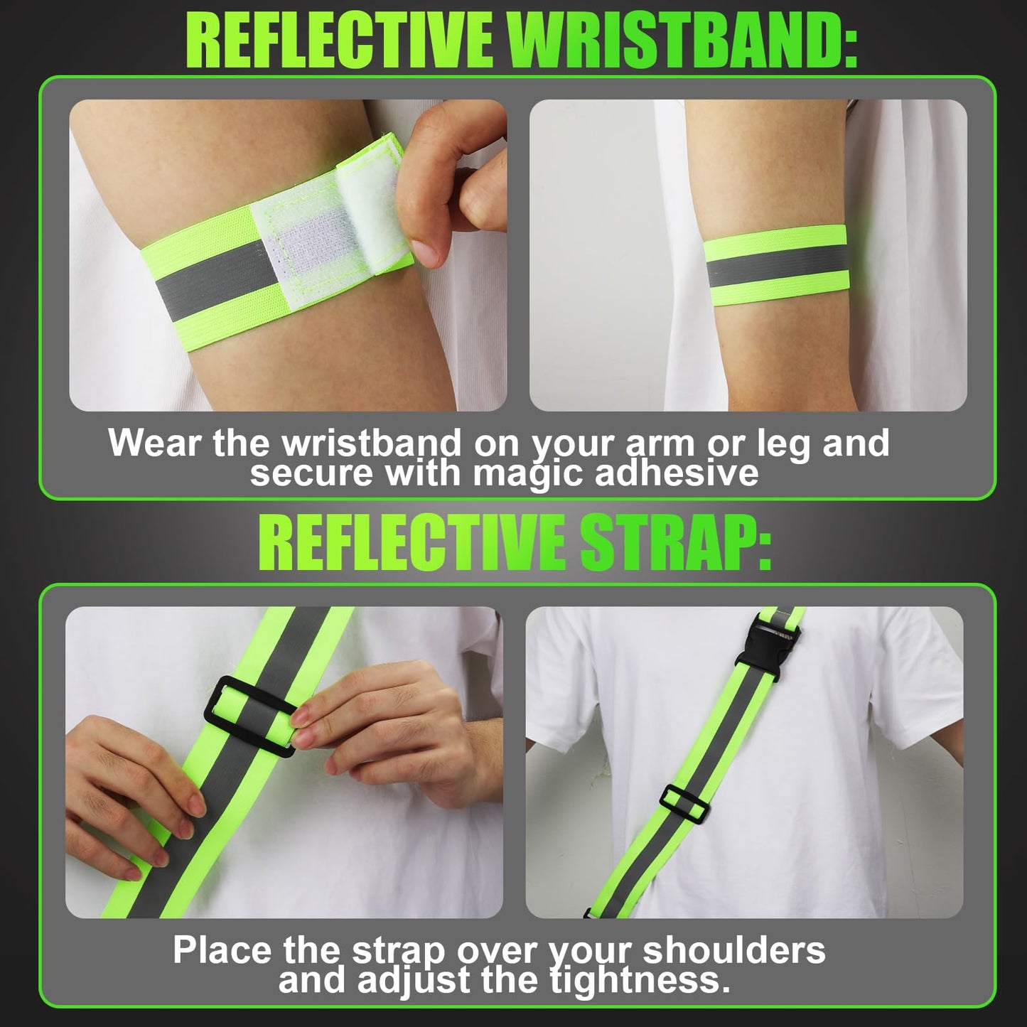 XIHIRCD Reflective Shoulder Strap & 2pcs Reflective Wristband, Reflective Running Wrist Band Gear High Visibility Belt Safety Armband Sash for Night Running Walking