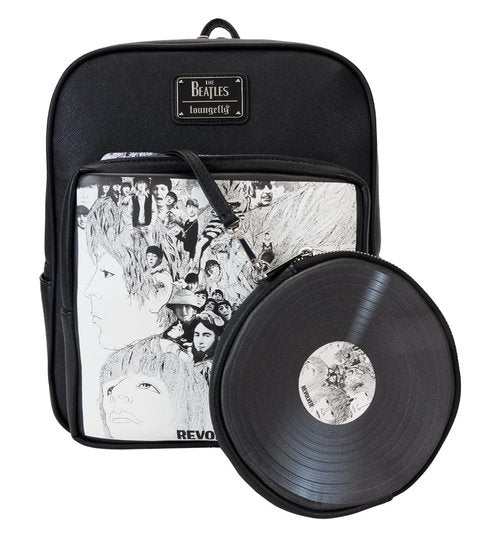 Loungefly Beatles Revolver Album Cover Mini Backpack with Record Coin Bag, Black, White