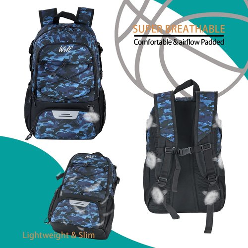 WOLT | Basketball Equipment Backpack, Large Sports Bag with Separate Ball Holder & Shoes Compartment, Best for Basketball, Soccer, Volleyball,Gym,Travel(Camouflage Blue)