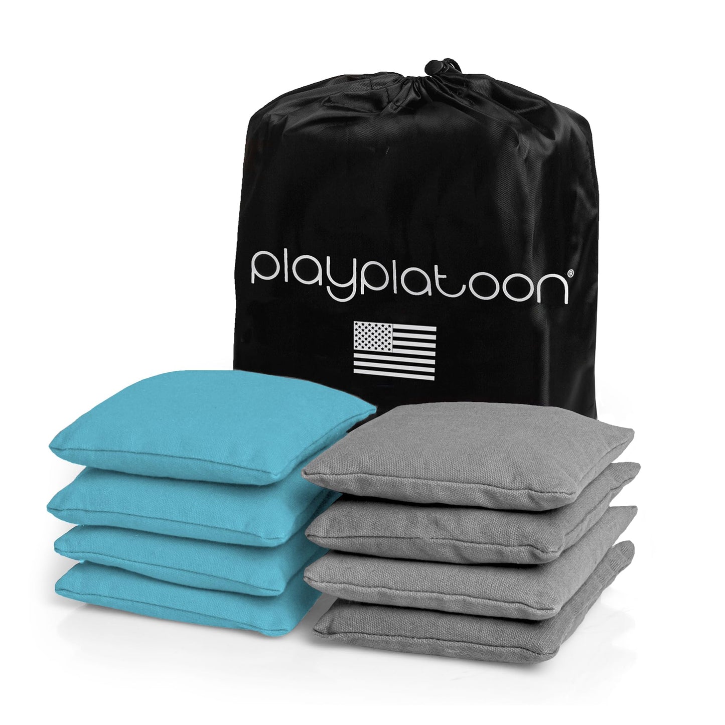 Play Platoon Weather Resistant Cornhole Bags - Set of 8 Regulation Size - Light Blue & Gray - Durable Duck Cloth for Tossing Game, Includes Tote Bag