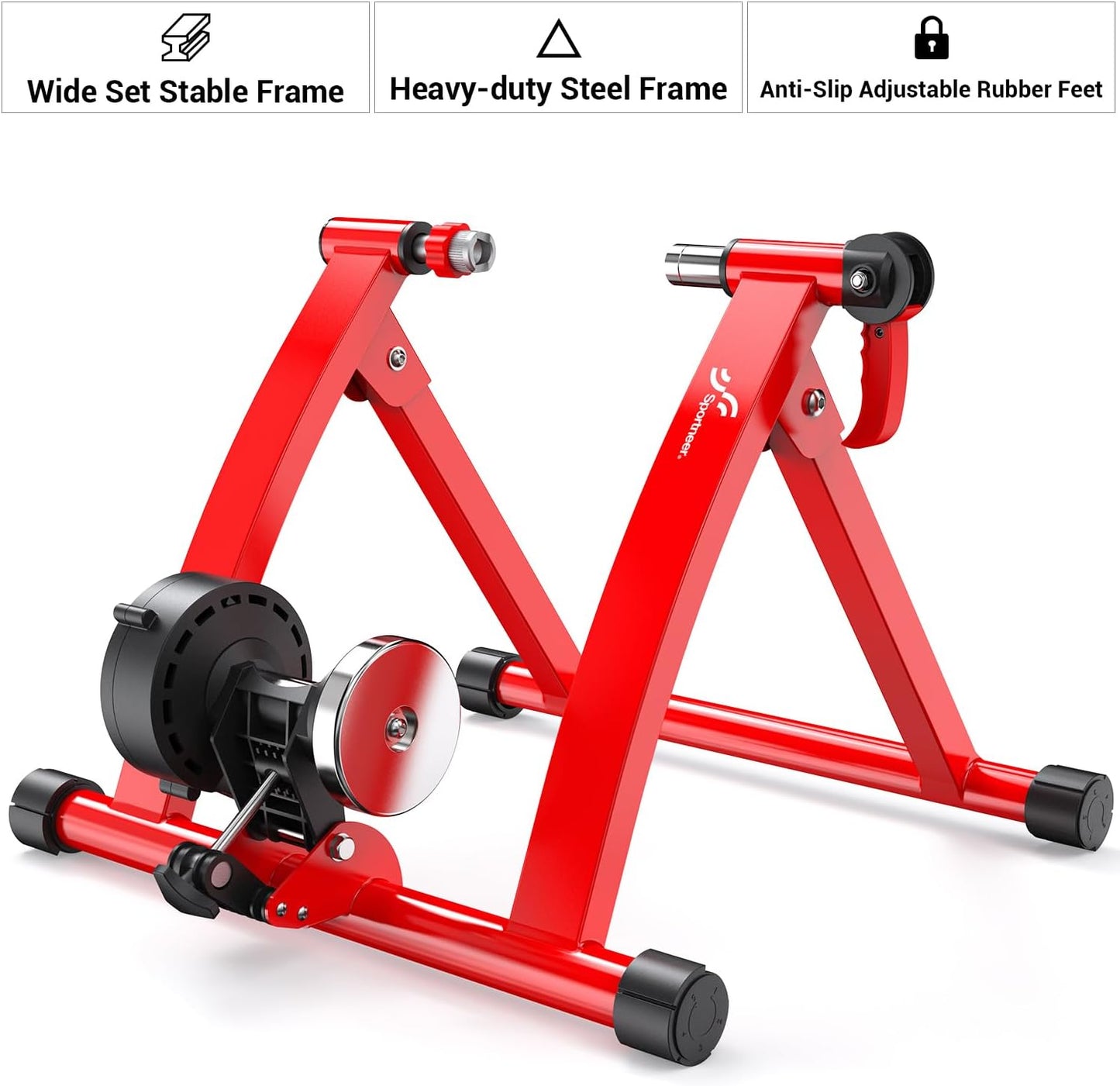 Sportneer Bike Trainer - Magnetic Stationary Bike Stand for 26-28" & 700C Wheels - Adjustable 6 Level Resistance Bike Trainer Stand for Indoor Riding with Quick Release Lever & Front Wheel Riser Block