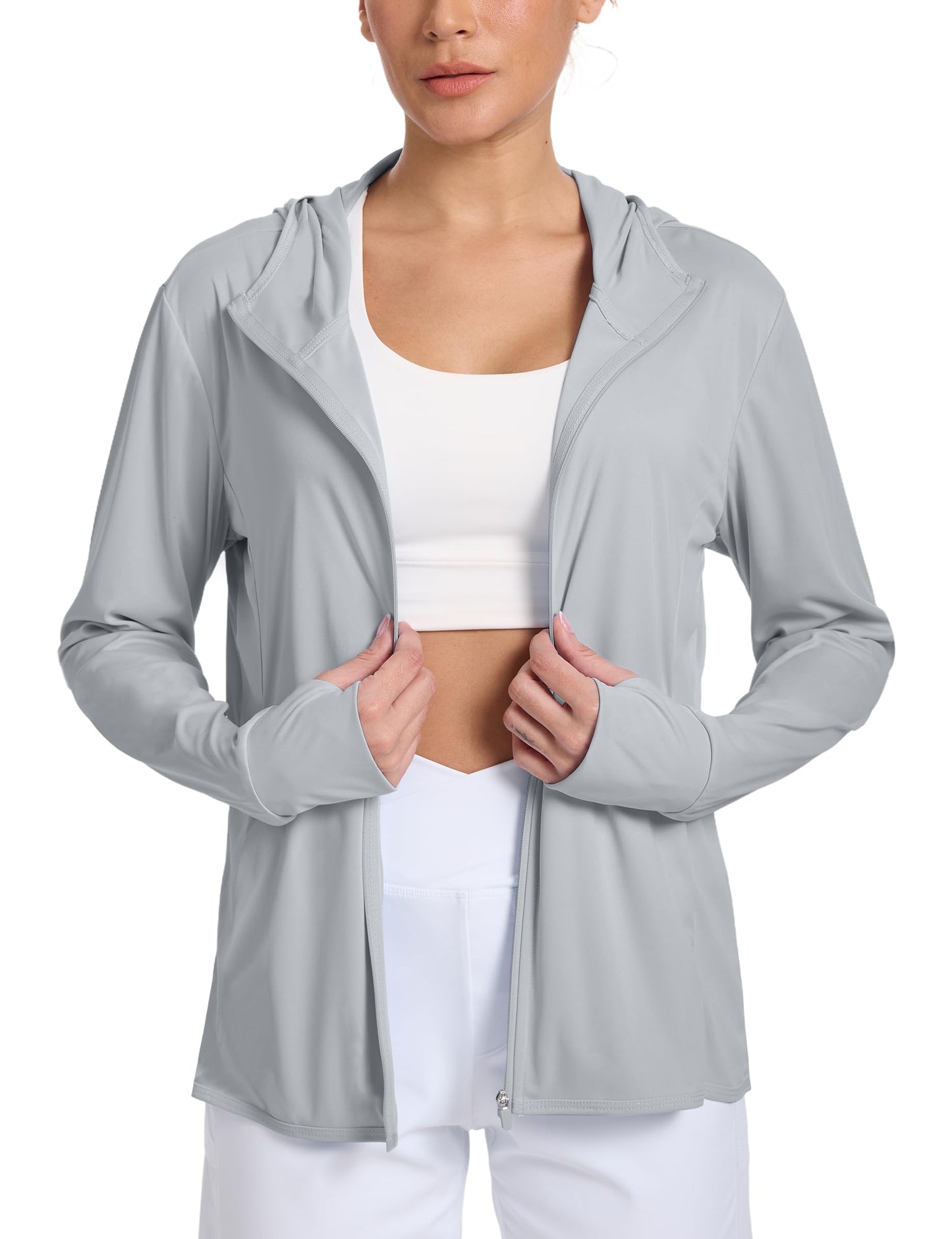 CHALLMOTI Women's Sun Protection Jacket Zip up Hoodie Lightweight Long Sleeve UV Cover Up Hiking Shirt UPF 50+ Grey M