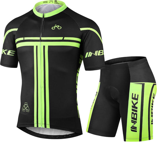 INBIKE Cycling Jersey Mens Set Reflective Breathable Biking Outfit Quick-Dry Bib Bicycle Jersey with 3D Padded Shorts