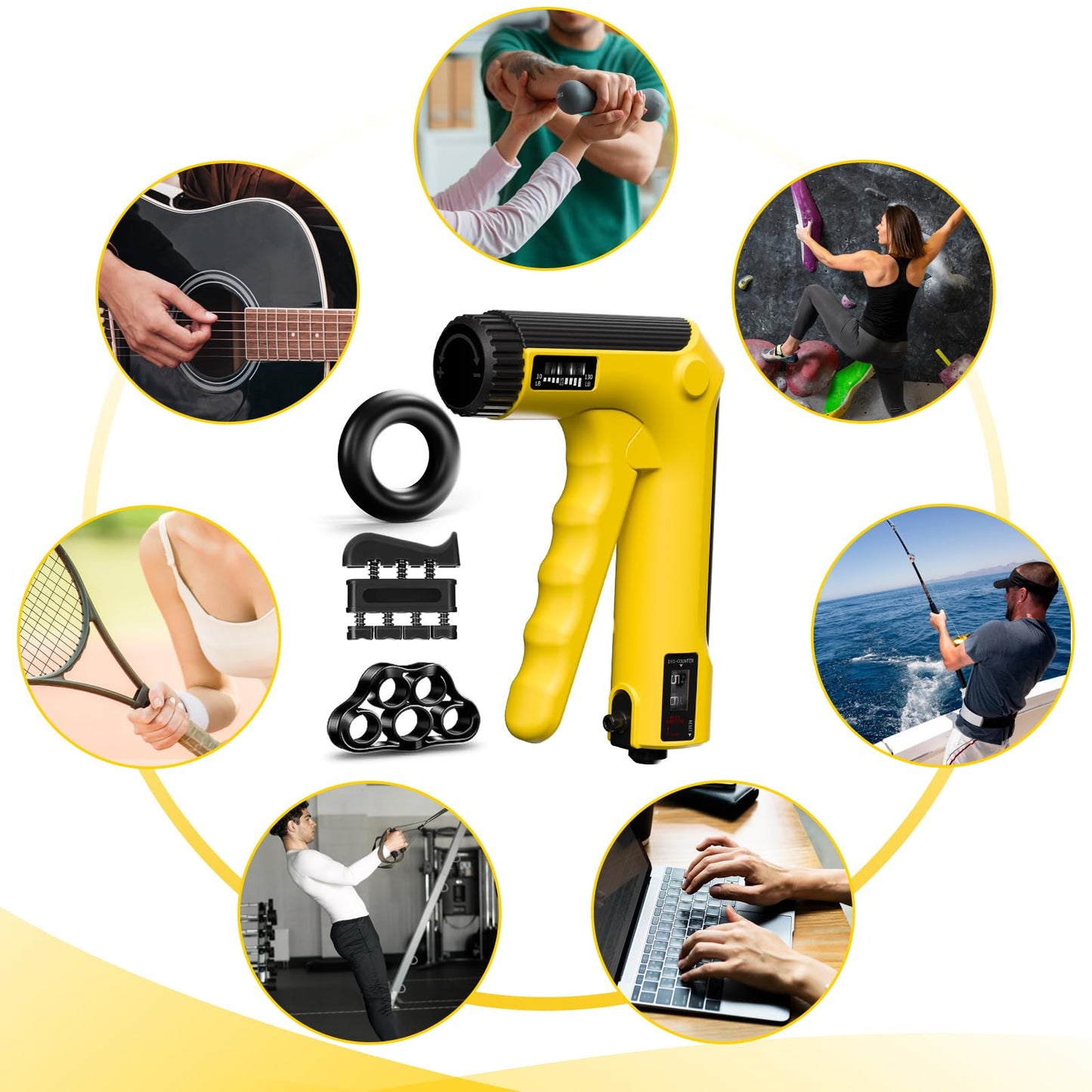 Hand Grip Strength Trainer Kit - Hand Gripper Strengthener 6 Pack with 2 Adjustable Resistance with 2 Finger Stretchers Finger Exerciser Forearm Workout Ring Exercise Equipment Yellow and Black