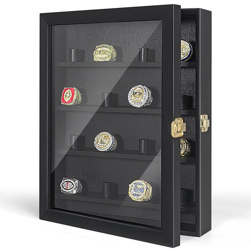 Championship Ring Display Case, 16 Posts Ring Display Case, 10 x 12 Wall Mount Shadow Box, Baseball Ring Holder, Black