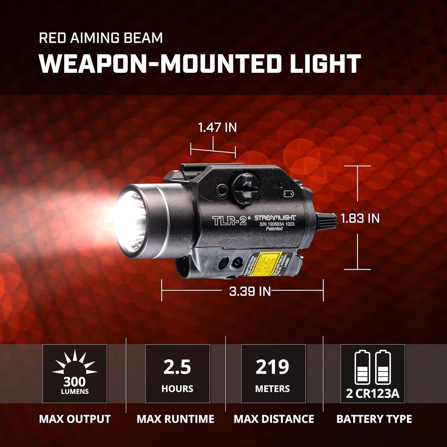 Streamlight 69120 TLR-2 300-Lumen Rail-Mounted Tactical Weapon Light with Integrated Red Aiming Laser Includes Key Kit for Select Handguns, Black