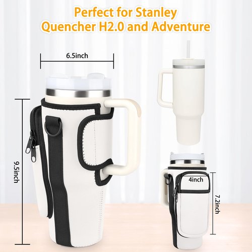 CTSZOOM Water Bottle Carrier Bag for Stanley 40 Oz Tumbler, Bottle Pouch Holder with Pocket and Adjustable Shoulder Strap for Stanley Quencher H2.0, Accessories for Stanley Cup Walking Cream