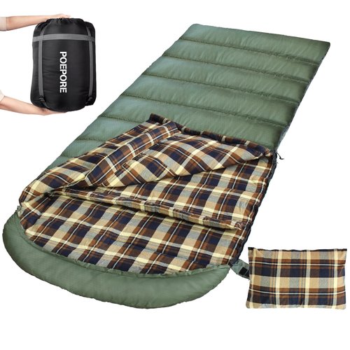POEPORE Flannel Sleeping Bag Cotton 0 Degree Cold Weather for Adults XXL Sleeping Bag 4 Season Big and Tall with Pillow Compression Sack
