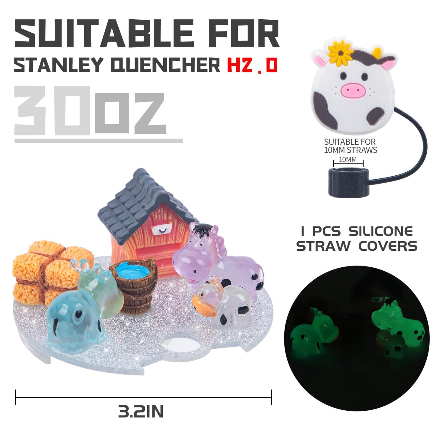 JUNIQUTE Compatible with Stanley Cup Lid Accessories Charms, Charms for Stanley Cups H2.0 Accessories 30oz 40oz with Silicone Straw Cover Cap for Tumblers (Cow, 30oz)