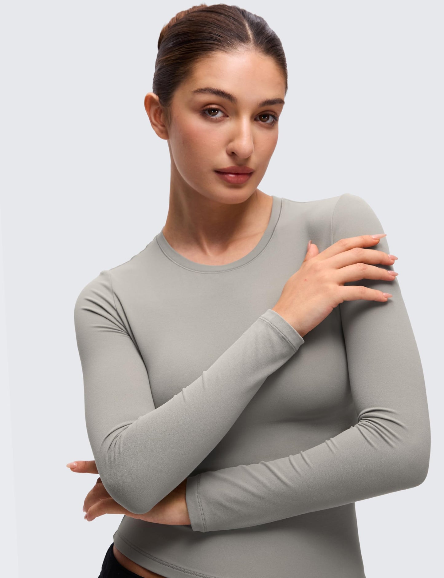 CRZ YOGA Softembrace Crewneck Long Sleeve Shirts for Women - Workout Casual Going Out Tops Soft Fitted Tight Fall T-Shirts Rocky Grey Small