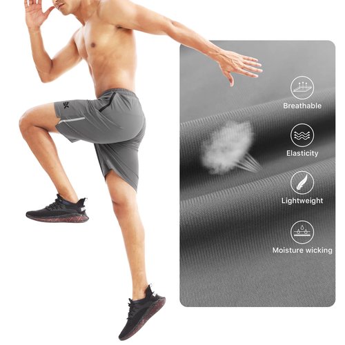 BROKIG Men's Lightweight Athletic Shorts 7 inch, Quick Dry Running Gym Workout Shorts for Men with Zip Pockets(Grey,X-Large)