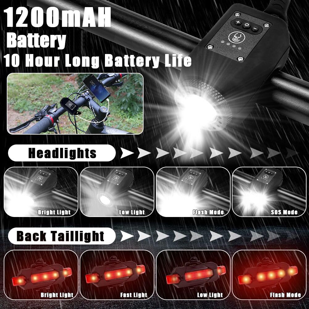 Abnaok Bike Light with Horn，USB Rechargeable Bike Light Set 120dB Powerful Bicycle Front Headlight and Back Taillight, 4 Light Modes, 6 Sound Modes，Easy to Install for Road Mountain Cycling