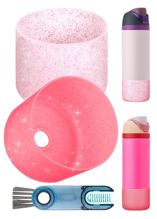 Toykee Silicone Water Bottle Boot 2Pcs for Owala Freesip 24oz - Anti-Slip Protective Bottom Cover Bumper Protector Sleeve Accessories with Lid Cleaning Brush Red Pink Glitter