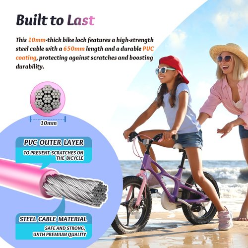 Sportneer Cable Lock: 4 Digit Resettable Combination High Security Bike Locks Heavy Duty Anti Theft - 25.6inch Long Colorful & Keyless Bicycle Lock for Kid‘s Bike-Pink