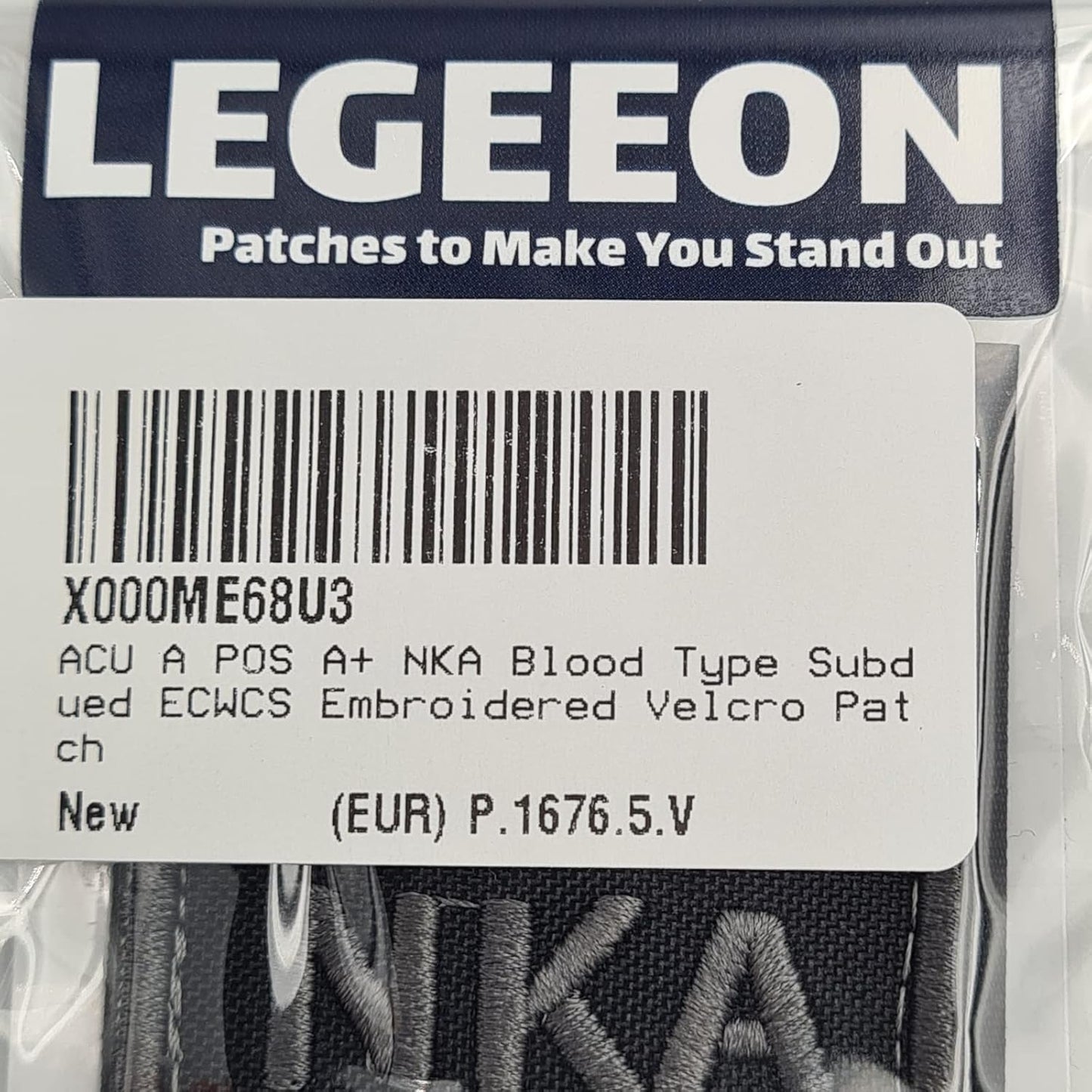 ACU A POS A+ NKA Blood Type Subdued ECWCS Embroidered Touch Fastener Patch