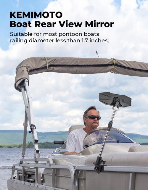 KEMIMOTO Boat Rear View Mirror with Telescoping Pole, 10.5“ x 4” 360° Adjustable Marine Mirror for Pontoon, Ski Boats Water Skiing