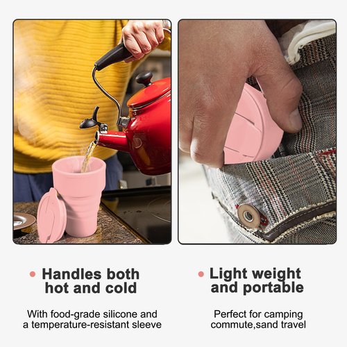 Collapsible Silicone Cup - Pink, Reusable Foldable Travel Cup for Camping, Hiking & Gym, Leak-Proof, Eco-Friendly, BPA-Free, Dishwasher Safe, Portable Water Bottle for Women