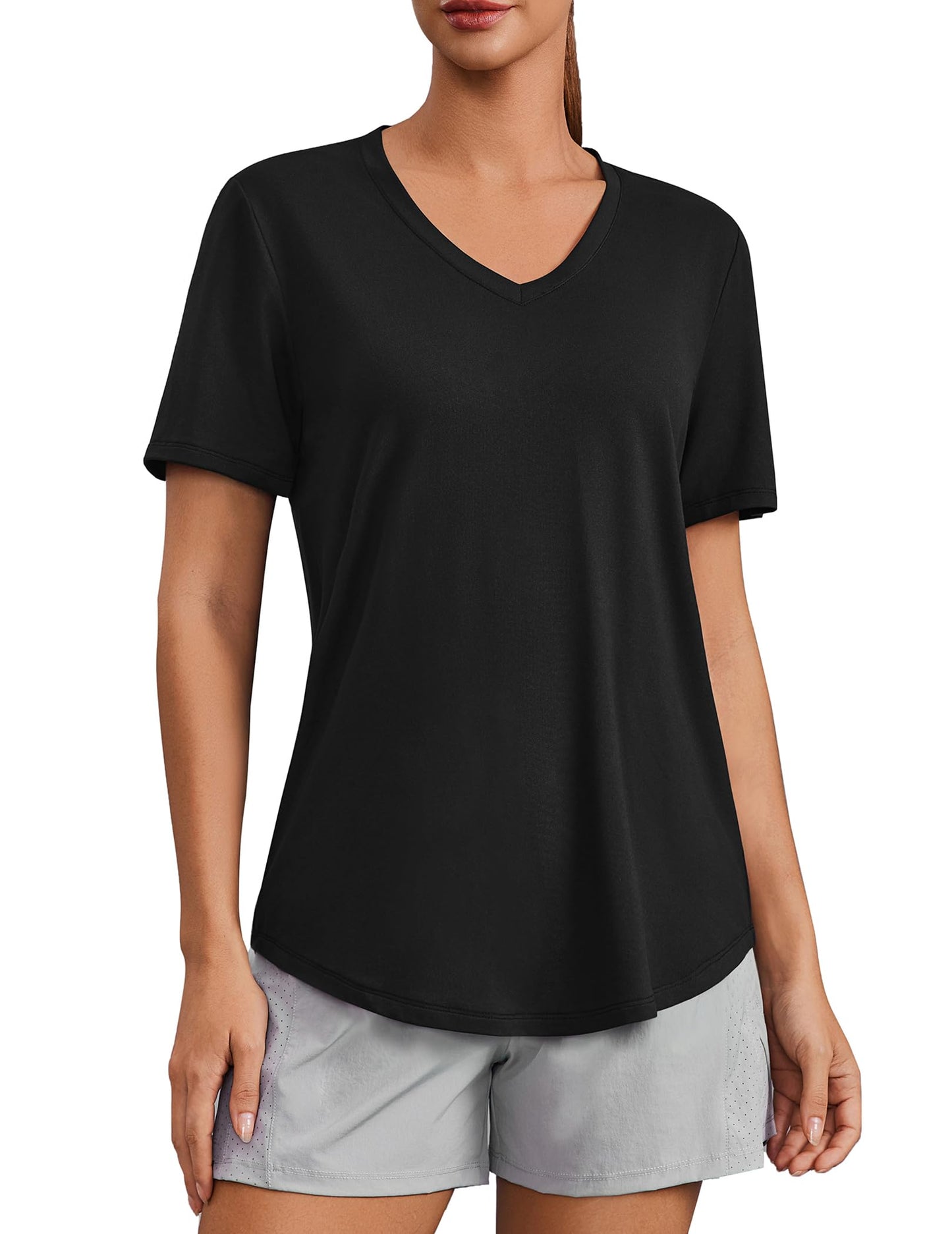 PINSPARK Workout Tops for Women Short Sleeve V Neck Moisture Wicking Gym Shirts Quick Dry Athletic T-Shirts for Running Hiking,Black X-Large