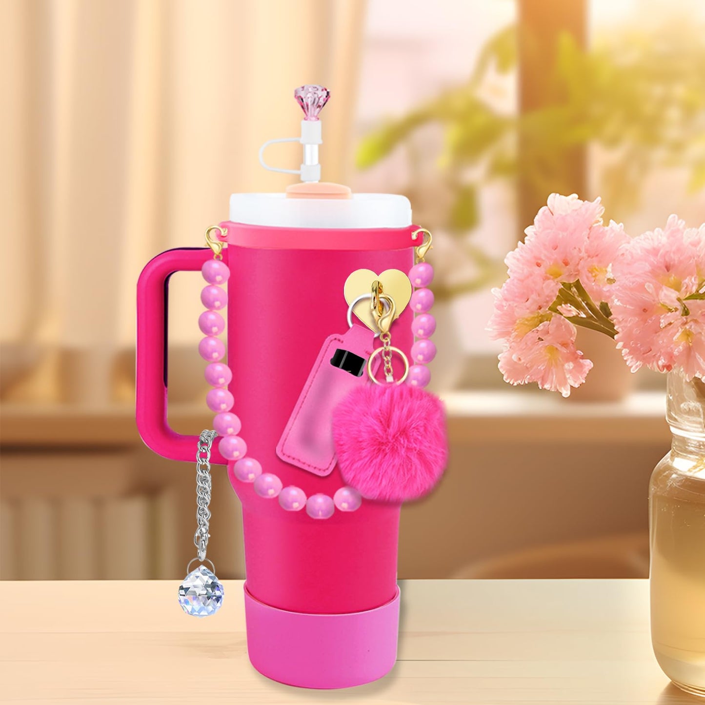 Accessories Set for Stanley Cup All Water Bottle Holder Strap Straw Cover Cap for Stanley Cup Charms Boot Diamond Hot Pink Tumbler 30oz 40oz Accessories Cute Silicone Straw Topper Charms Boot