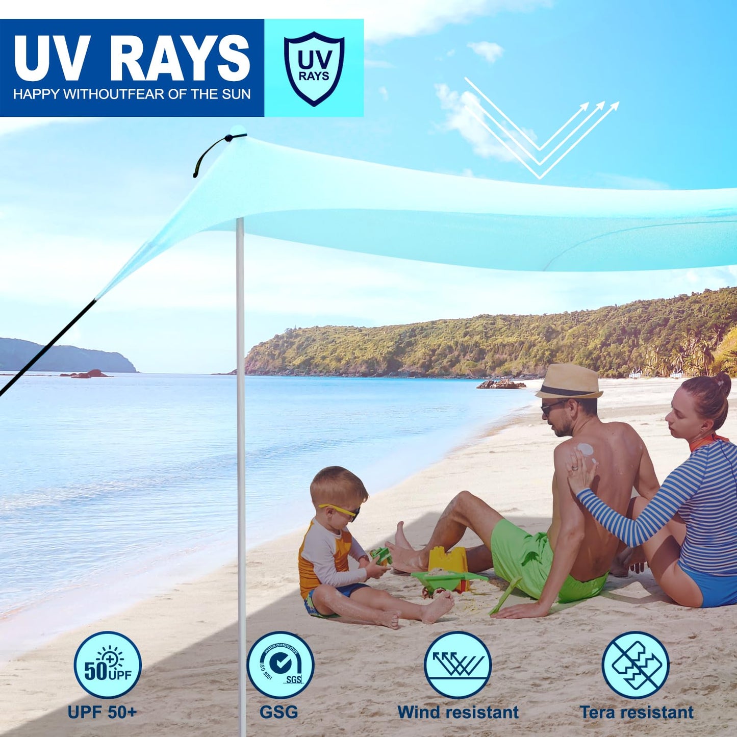 ABXMAS Beach Tent Sun Shelter with UPF50+ Protection, Grande Beach Tent for Family Vacation, Outdoor Beach Shade Canopy with 4 Pole and 8 Sandbags for Camping Fishing Backyard Fun (10×10FT)