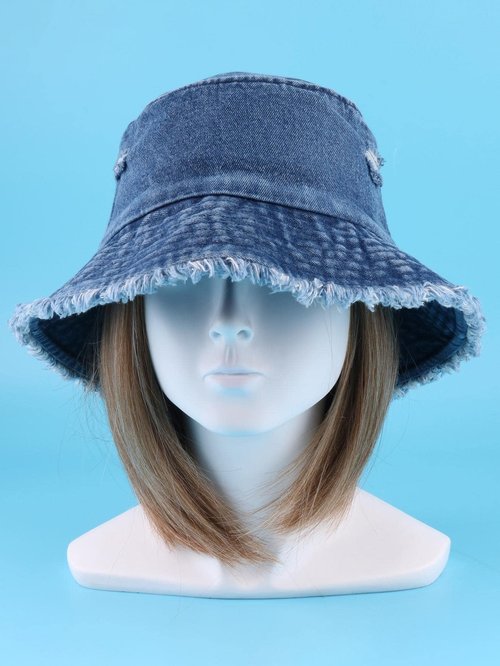 Verdusa Women's Ripped Denim Bucket Hat Raw Hem Sun Hat Outdoor Cap Navy Blue One-Size
