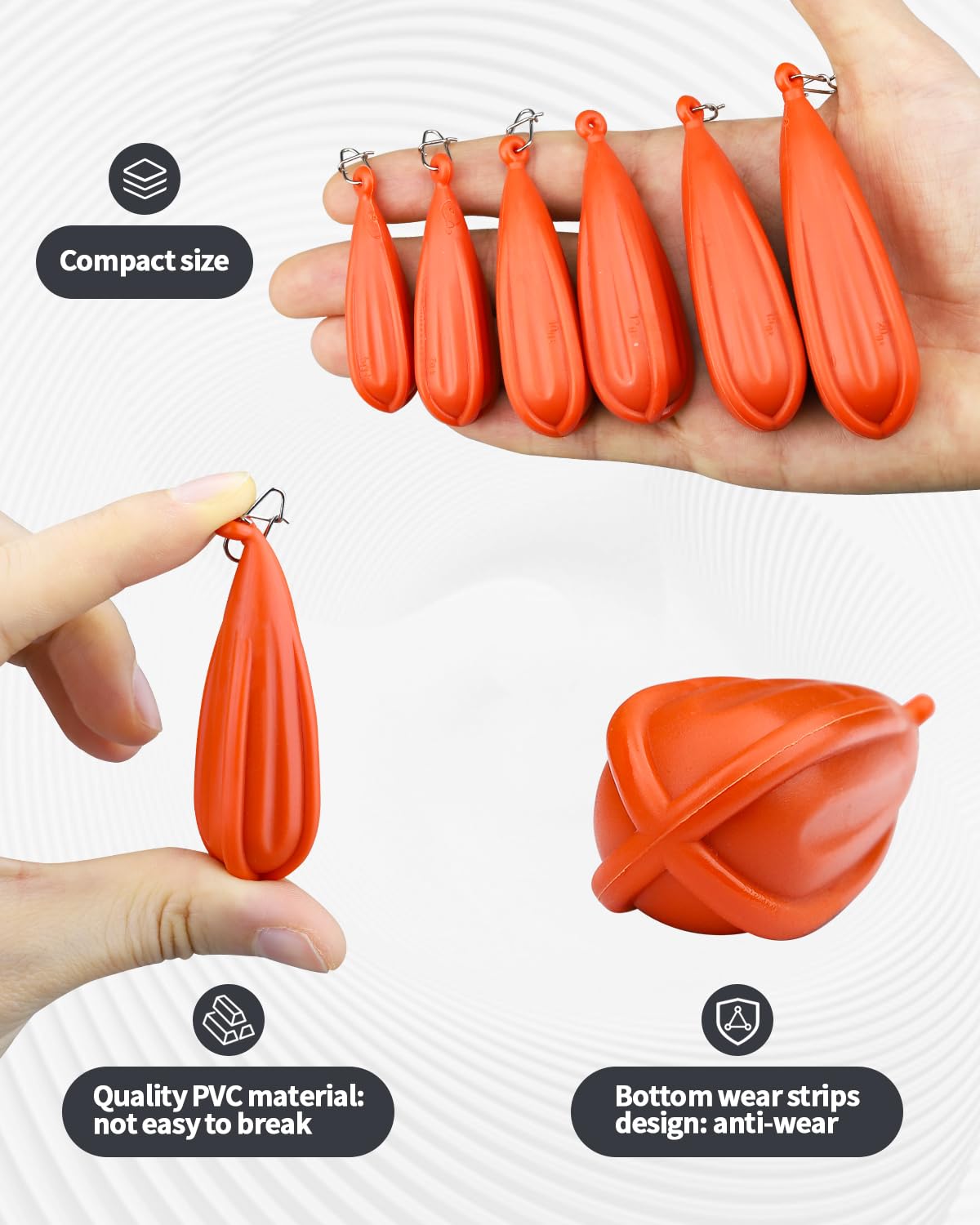 Abvsdu 6 PCS Fishing Practice Plugs - 6 Mixed Sizes Orange Bait Casting Practice Plug, Suitable for Children to Improve Throwing Skills (1/5 oz, 1/4 oz, 3/8 oz, 2/5 oz, 1/3 oz, 3/4 oz)